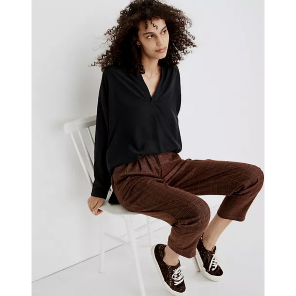 SALE 5/$25 Madewell Womens Long Sleeve Hi-Low Sandwashed Popover Top Black NWT